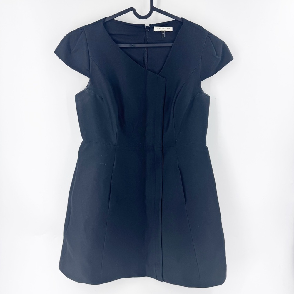 ✅ HALSTON HERITAGE Elegant Black Cap Sleeve Dress WITH POCKETS SIZE 12